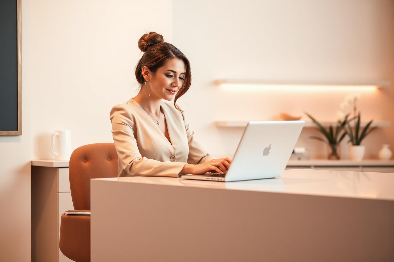 Beauty Studio Besitzerin arbeitet entspannt am Laptop